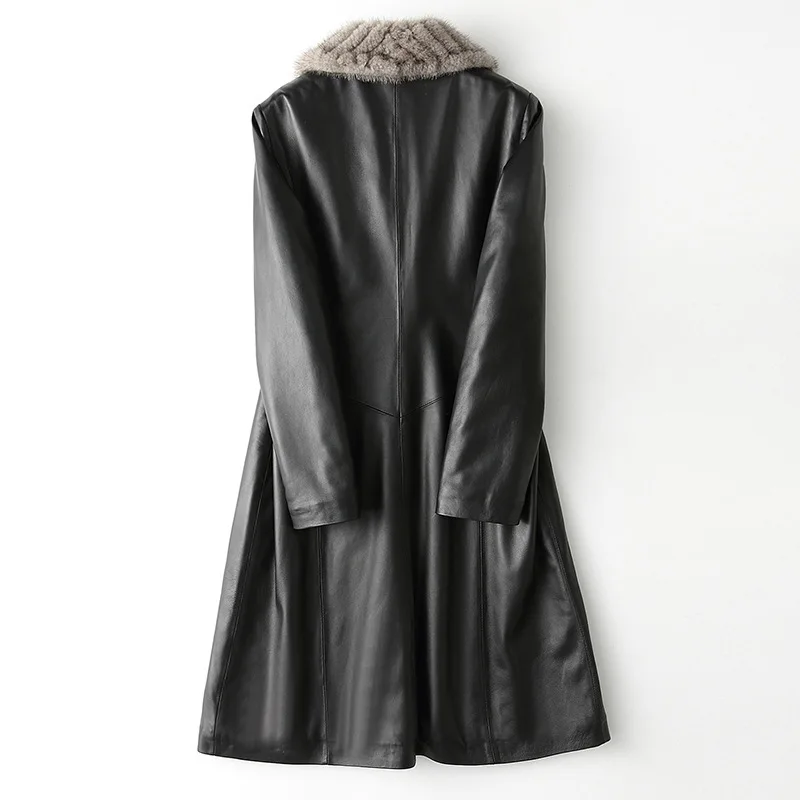 Superior Real Sheepskin Genuine Leather Mink Collar Black Long Three Buttons 3XL Turn-down Collar Women Winter Lady Quilted Coat