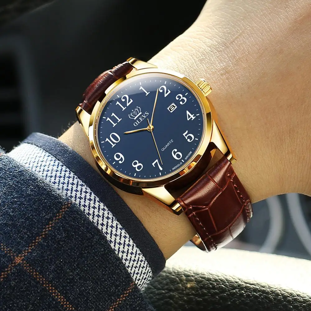 OLEVS часы для пар из натуральной кожи водонепроницаемые с цифровым циферблатом и