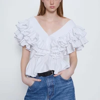 2022 summer new vintage women blouses ruffled poplin office lady blouse feamle shirt elegant v neck cotton tops