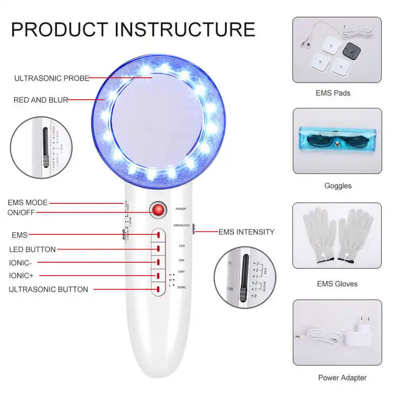 

6 In 1 EMS LED Galvanic Ion Face Beauty Machine Ultrasonic Body Shaping Anti Cellulite Massager Face Lifting Device