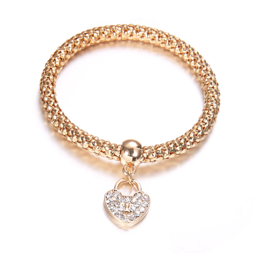 

Fashion Metal Mesh Chain Peach Heart Charm Bracelet Rose Gold Love Heart Pendant Rhinestone Bracelet Gift for Women Wholesale