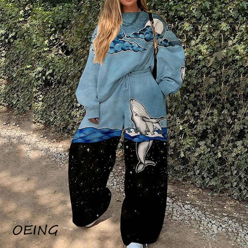 

2021 Women's Sport Suits Fall Matching Sets 2 Piece Fashion Korean Blue Casual Loose Sweat Suits