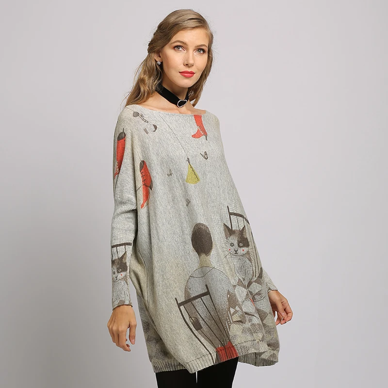 

Long Oversized Women Sweater Casual Coat Batwing Sleeve Cat Print Women's Sweaters Clothes Pullovers O-Neck Knitted Dress