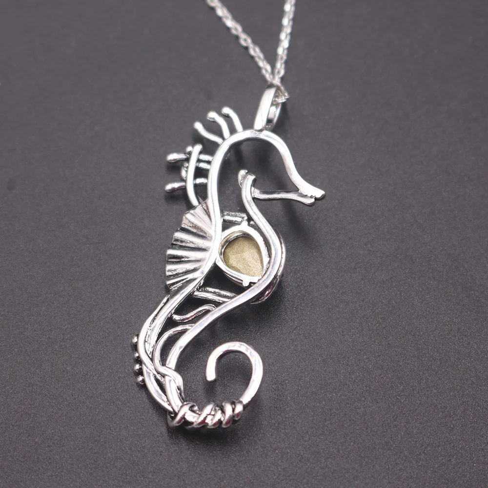 

White Opal Hippocampus Seahorse Pendant Necklace for Women Sliver Color Hollow Carving Sea Horse Charm Necklace Birthday Gifts