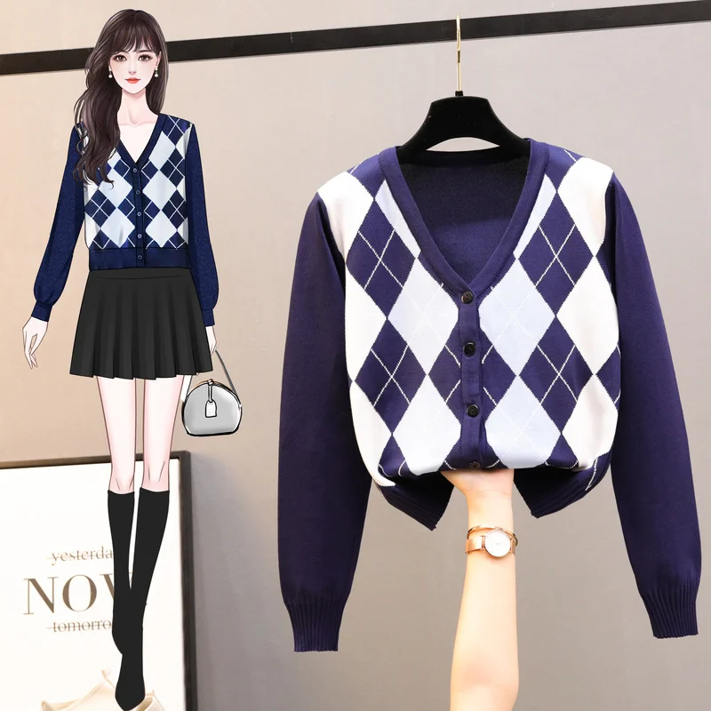 

Argyle Sweater Vintage Women Long Sleeve V-Neck Short Plaid Sweater 2021 Autumn and Winter Knitted Cardigan Knitwear Tops 11718