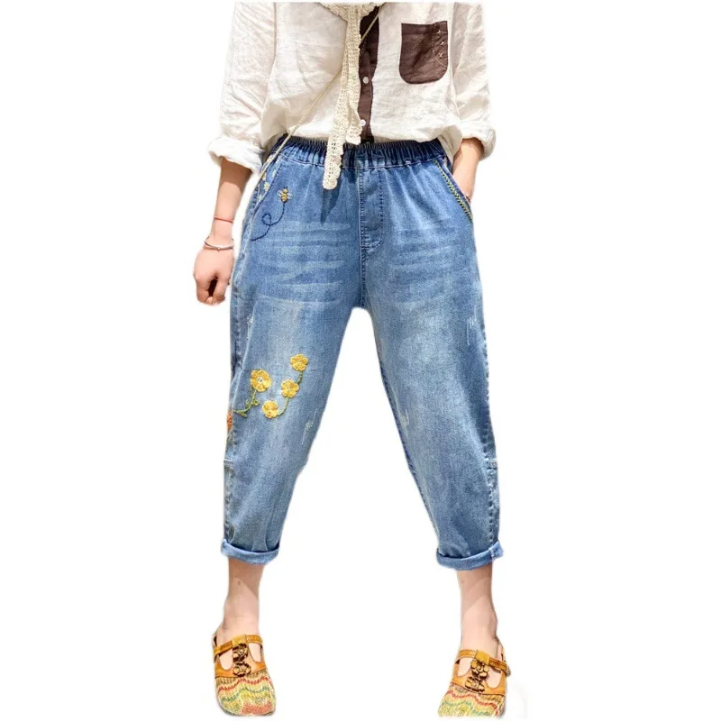

SOUL OF TIGER Korean Fashion Spring Female Printed Vintage Denim Pants Ladies Embroidery Loose Jeans Womens Trousers Plus Size