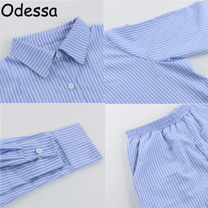 

Odessa Summer Stripe Shorts Two Piece Set Women Long Sleeve Shirt Loose Short Pants Matching Suits Casual Loungewear Outfit 2021