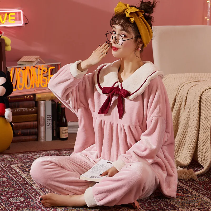 SOUGEN Winter Thick Warm Flannel Cute Pajamas Sets For Women Sleepwear Long Sleeves Clothing Home Wear Soft Pyjamas Set Female