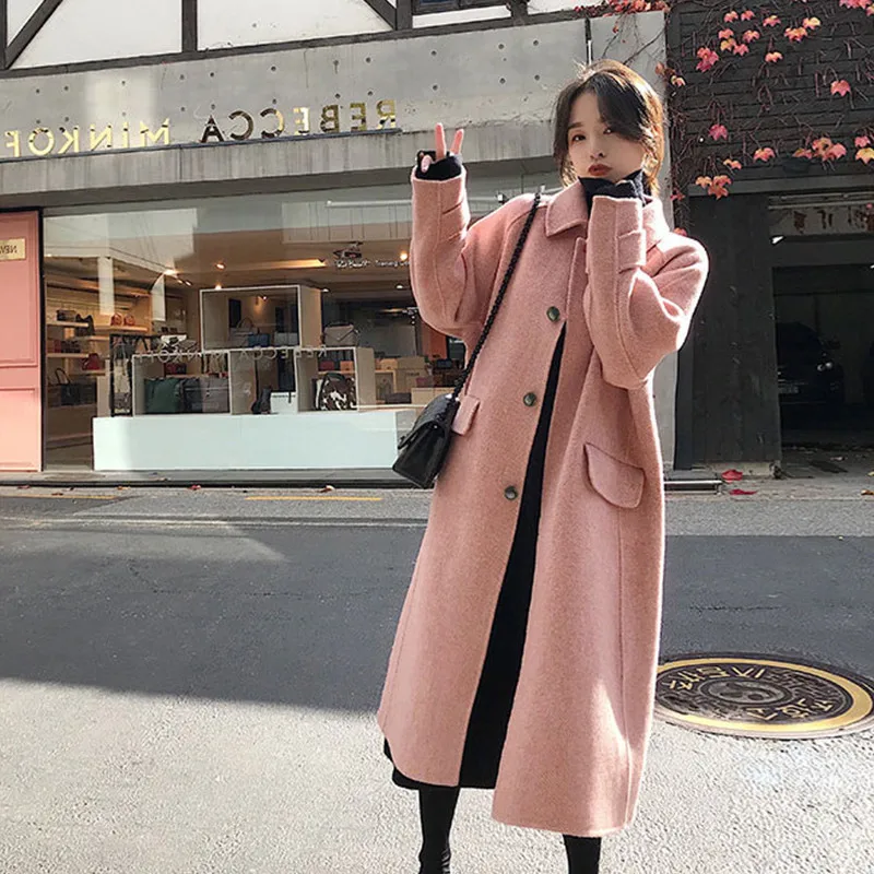 

long woolen blends cashmere coats for women 2019 autumn winter ladies jackets plus size overcoat double sided pink single button