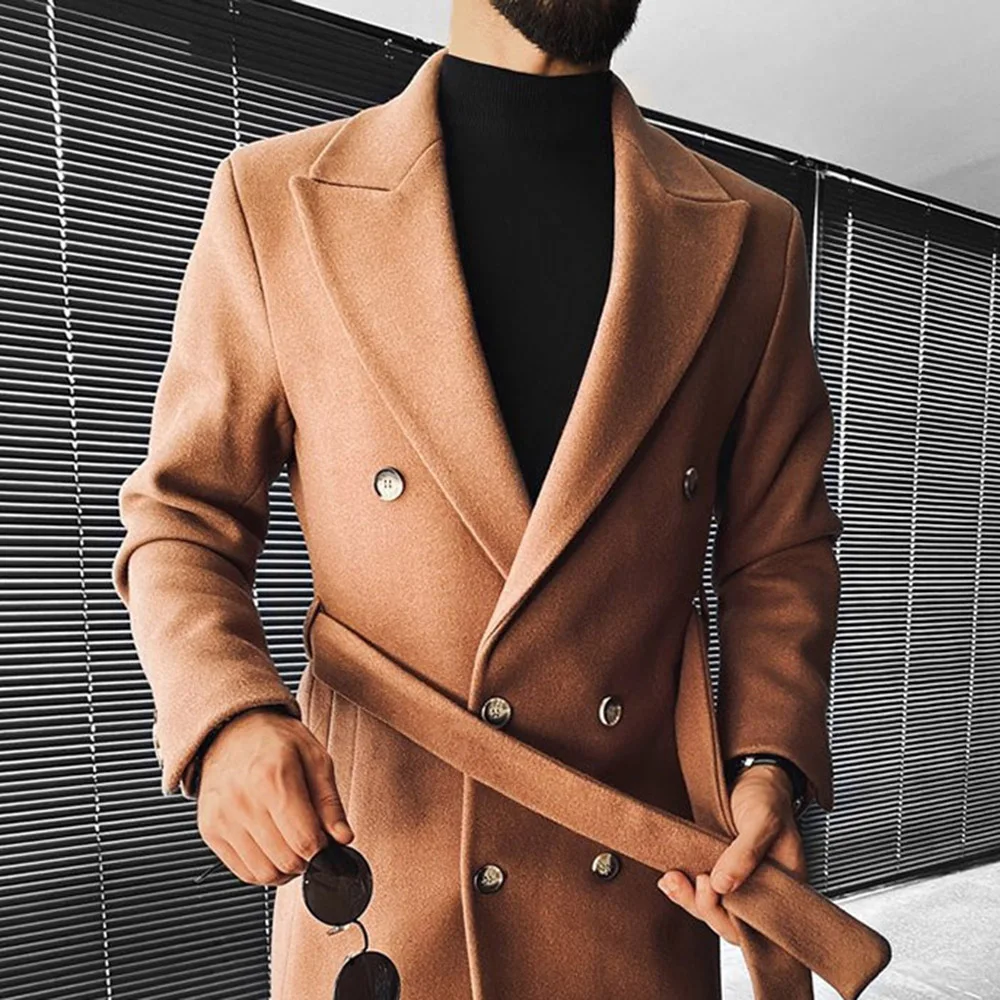 Мужское двубортное пальто классическое из верблюжьей шерсти повседневная