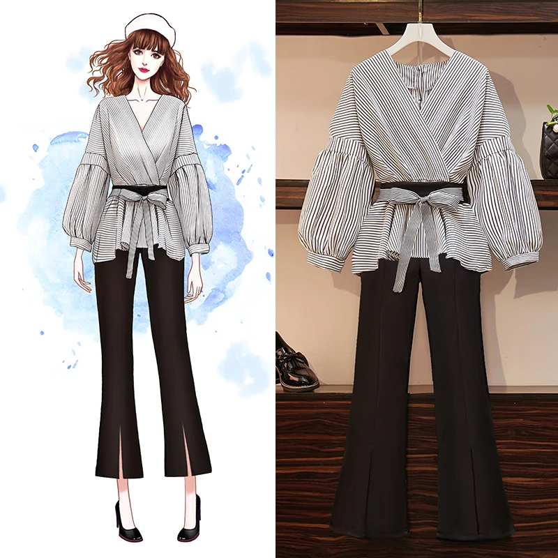 

Large size ladies' autumn wear new suit Korean fashion long-sleeved v-neck stripe blouse top split black pants two-pcs clothing