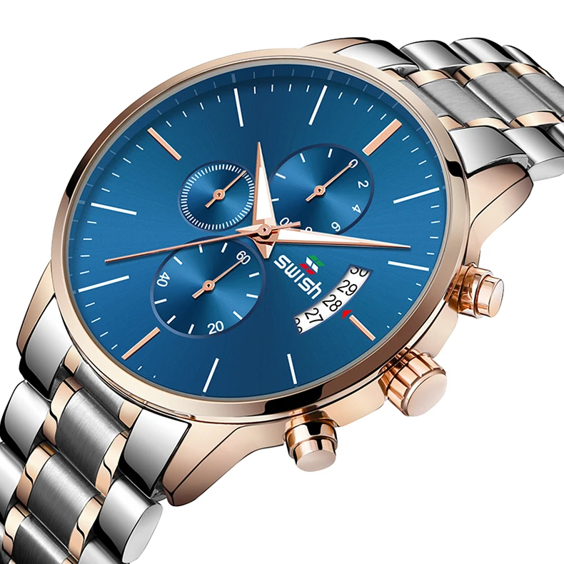 Gold-Blue SWISH, мужские Водонепроницаемые многофункциональные модные спортивные кварцевые часы из нержавеющей стали, мужские часы, Классические роскошные Брендовые Часы - Цвет: Gold-Blue