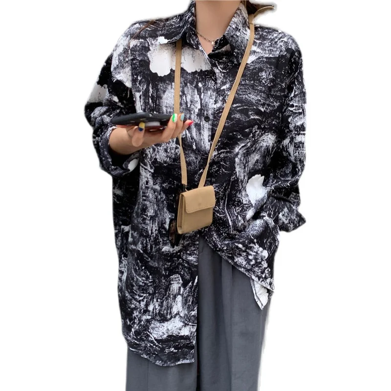 

COIGARSAM New Fashion Full Sleeve Long Shirt Womens tops Tie Dye Print Turn down Collar Loose Women shirts Image 9706