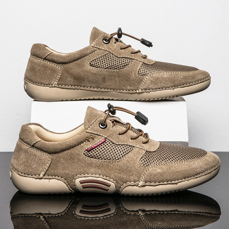 Mens Shoes Casual Footwear 2020 Summer Autumn Mesh Walking Shoe Male Sneakers Suede Leather Leisure Breathable Khaki | Обувь