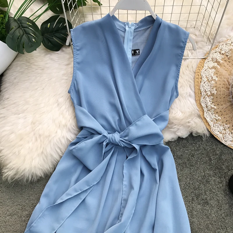 

2020 Women Summer Chiffon Dress V-Neck Streetwear A-Line Empire Sleeveless Mid-Calf Pink Vestidos Long Black Frocks for Women