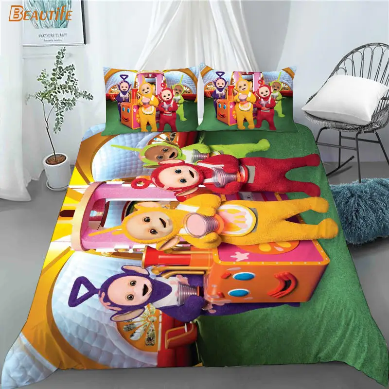 Gran oferta de los Teletubbies animaci&oacute;n 1 edred&oacute;n 2 fundas de almohada de tela de poli&eacute;ster ropa de cama conjunto chico familia chico Set Duvet Cover Set-5