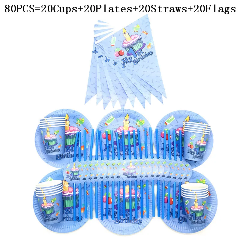 

40/80Pcs New Sale Disney My First Birthday Birthday Party Supplies Paper Cups Plates Straw Banner For Kid Party Decor Supplies
