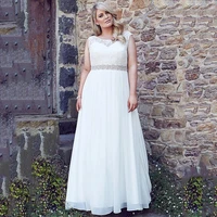 classic wedding dress plus size custom cap sleeve scoop neck lace beading belt a line chiffon beach bridal gown