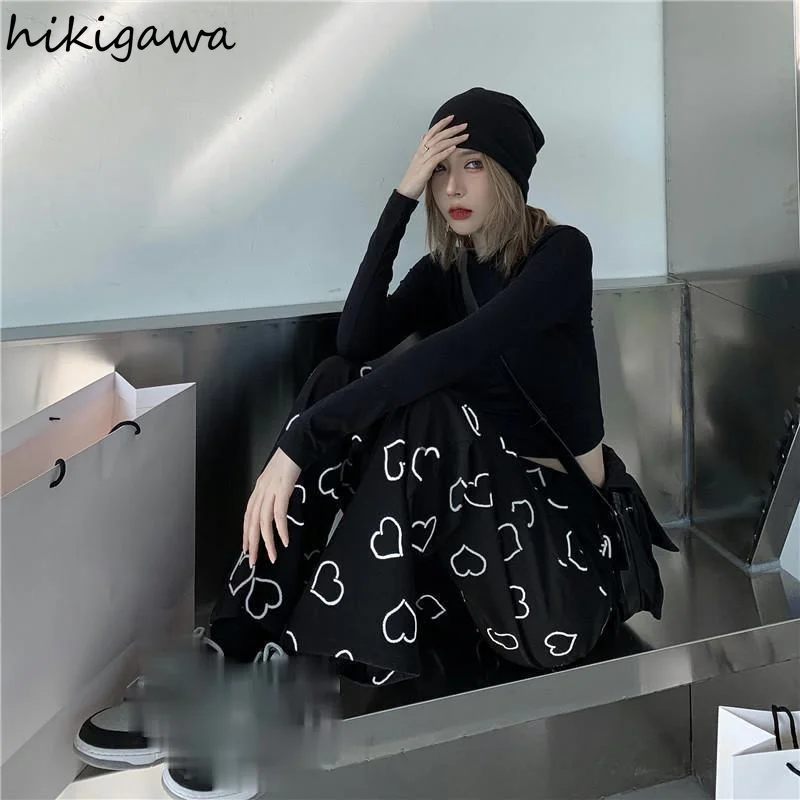 

Hikigawa Pants for Women Loose Streetwear Full-length Sweatpants Hip-hop High Black Heart Print Joggers Pockets Woman Trousers