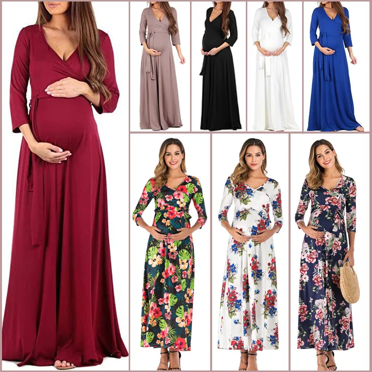 

2020 Autumn New Women Pregnant Maternity Nursing Floral Breastfeeding Summer Long Dress V-neck beach clothes for pregnant women