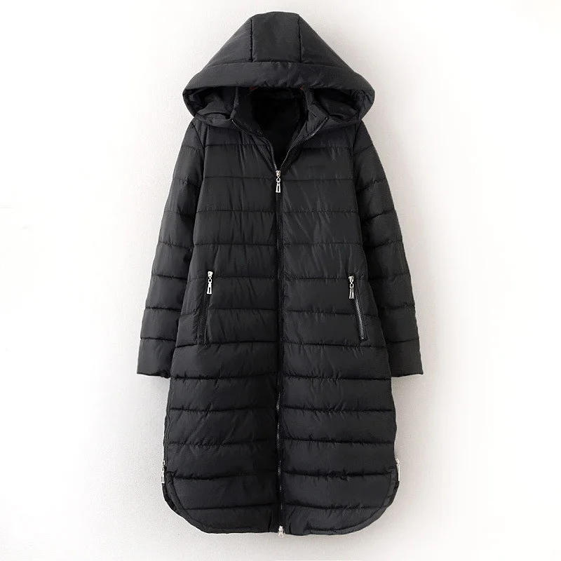 

Новинка 2021, зимние женские парки Приблизительно 3x L-6XL, утепленная хлопковая однотонная куртка, женские черные длинные пальто на молнии с кап...