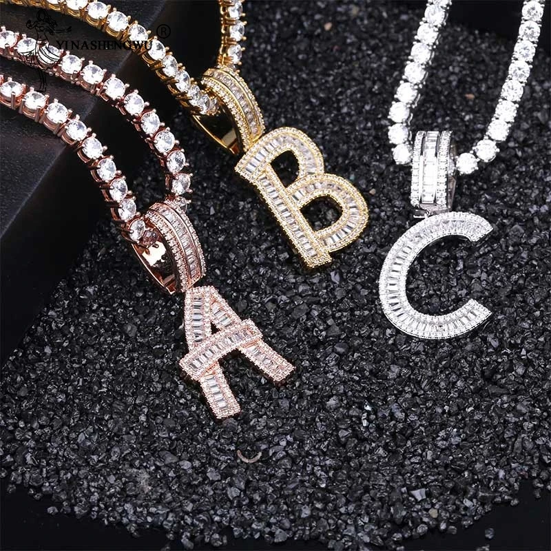 Пользовательское имя багет Алфавит буквы подвеска Хип хоп ожерелья цепь золото