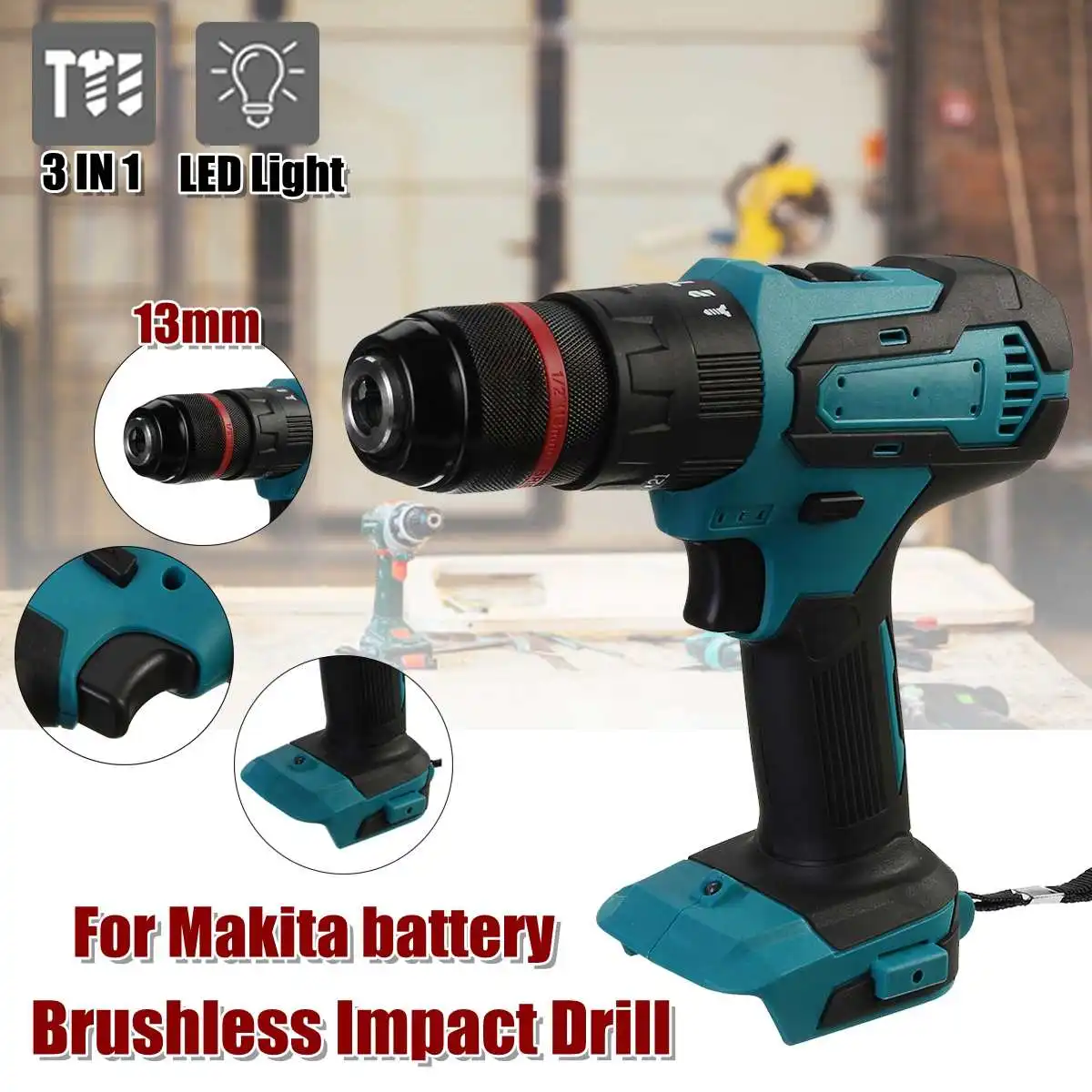

10mm 95Nm 3 in 1 Brushless Electric Drill Screwdriver 20+3 Torque Rechargable Cordless Impact Drill for Makita Battery