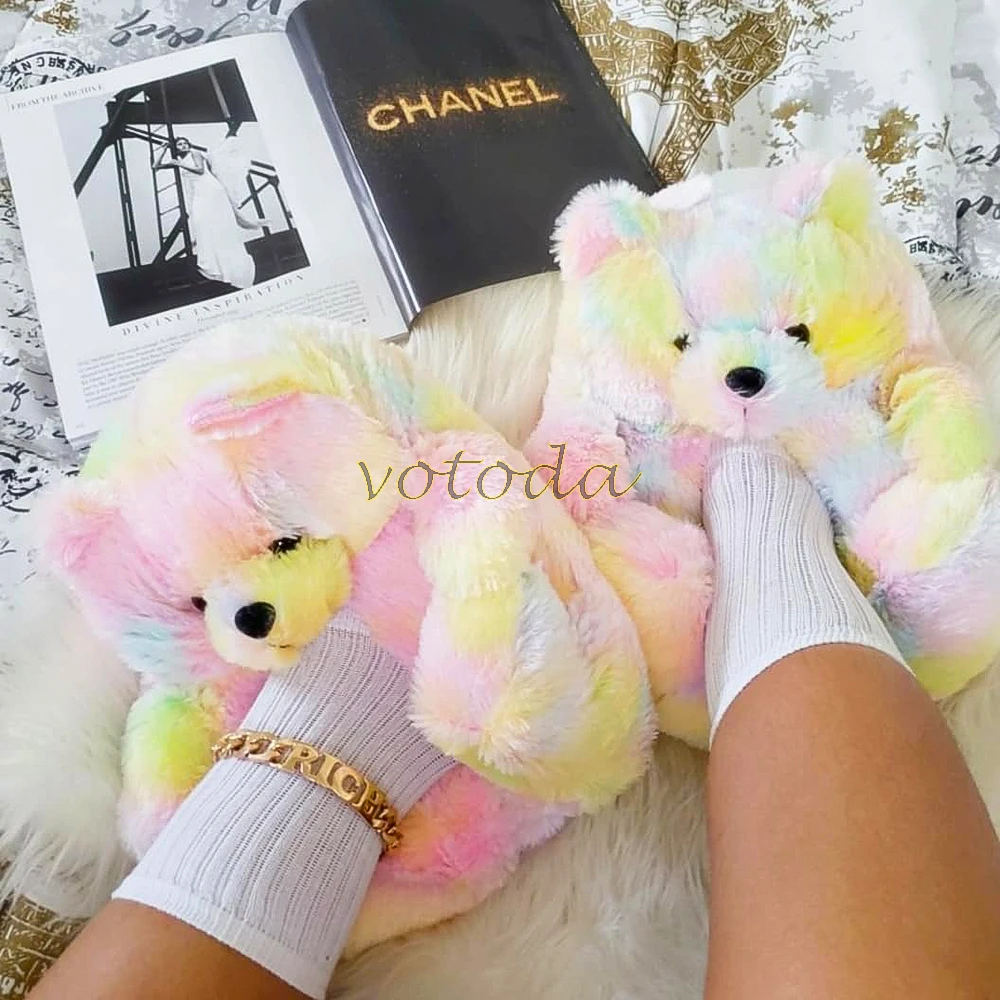 Teddy Bear Slippers Women Cute Cartoon Slides Furry Warm Soft Shoes Home Non-slip Cotton Flip Flops Rainbow Teddies Bear Slipper best house slippers