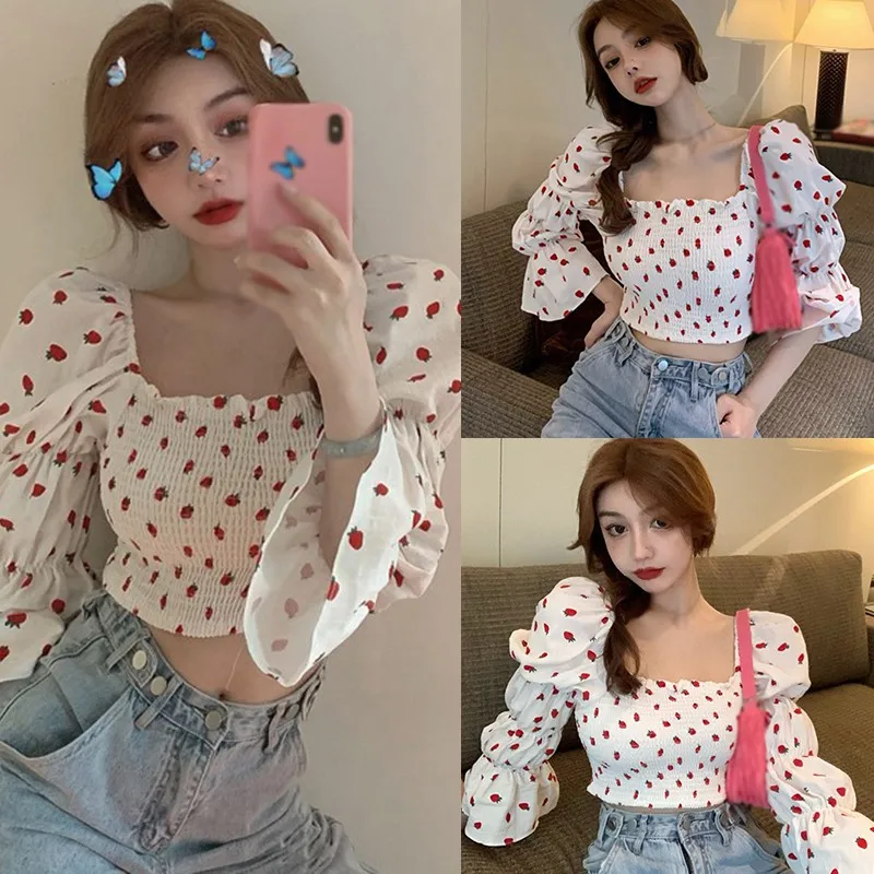 

Summer Women's Chiffon Shirt Sexy Strawberry Print Square Collar Sweet Exposed Navel Long Sleeve Blouses