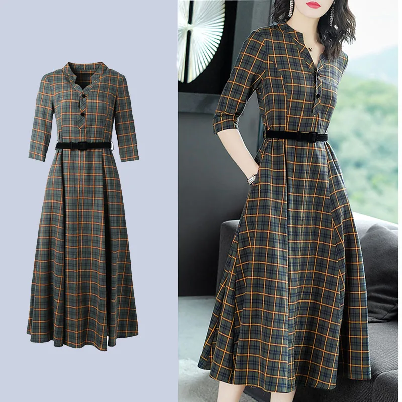 Новое Ретро английское большое Свободное длинное платье приталенное клетчатое