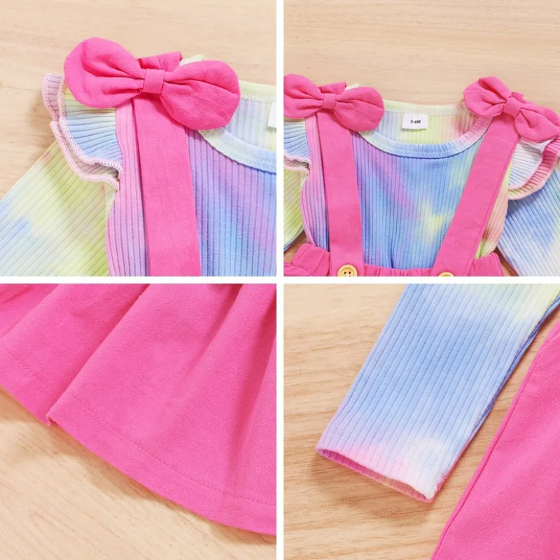 

Baby Girl Skirts Clothes Set Long Sleeve Tie Dye Print Top Blouse+Solid Strap Skirt Casual Spring Autumn Outfits 3 Colors 3M-24M