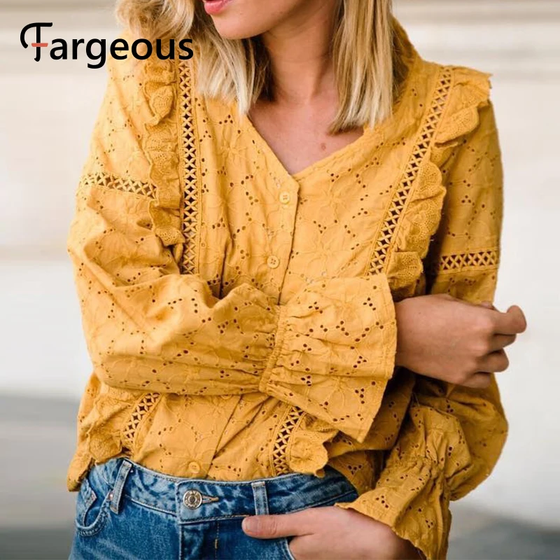Женская блузка в горошек Fargeous кружевная с треугольным вырезом летняя 2019|Блузки| |