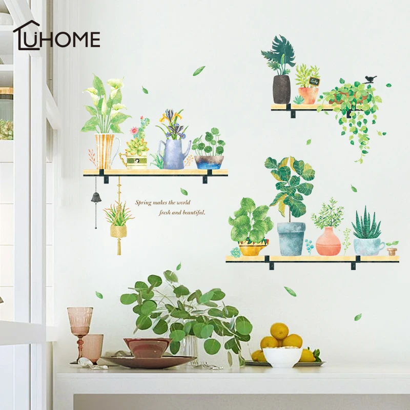 

Fresh Plant Shelf Wall Sticker for Bedroom Window Door Room Decoration Bonsai Plane Mural Pastrol Removable DIY Wallposter