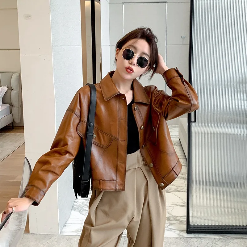 

Autumn Women Vintage Brown Sheepskin Small Jacket Short Single Leather Jacken Damen Loose Casual European Fashion Blouson Cuir