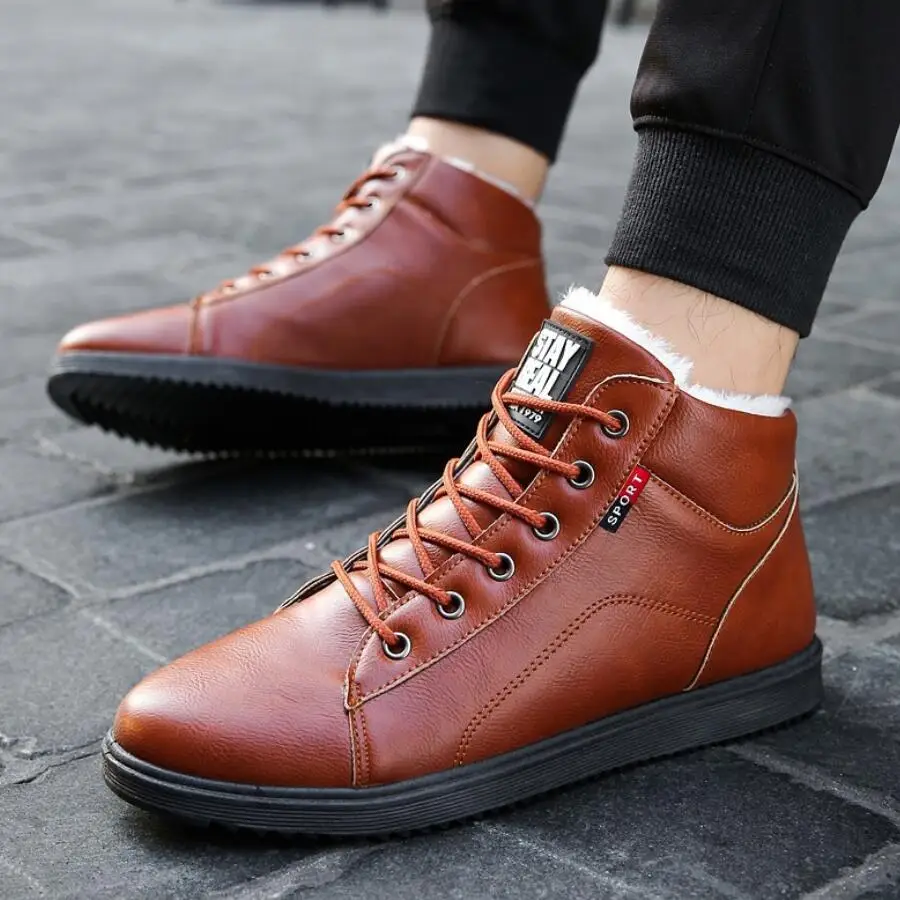 Мужские зимние кожаные ботинки черные теплые кроссовки до щиколотки Рабочая