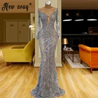 Женское вечернее платье, роскошное серое кружевное платье-Русалка с длинными рукавами и круглым вырезом, 2021