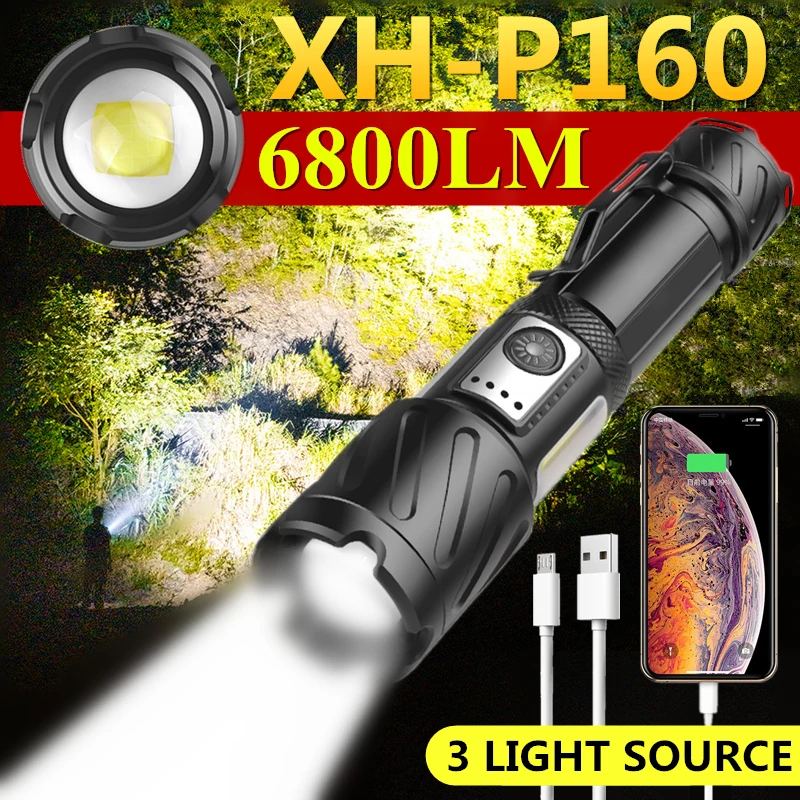 

Мощные Масштабируемые фонарики XHP160, Светодиодные Мощные ярфонарь фонарики XHP100, перезаряжаемые тактические охотничьи фонарики COB, Рабочая л...