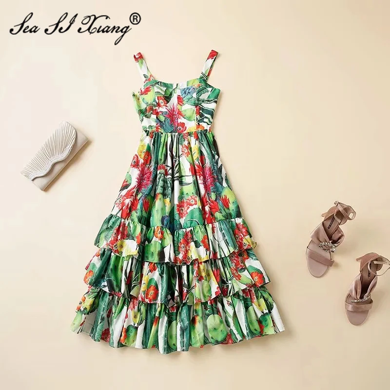 

Seasixiang Fashion Designer Autumn Dress Women elegant Green Cactus Flower Print Cascading Ruffle Party Dresses