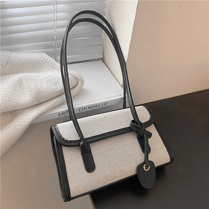 

European Style Trimmed Canvas Large Capacity Shoulder Bags For Women Minimalist Design Baguette Work Ladies Purses And Handbags
