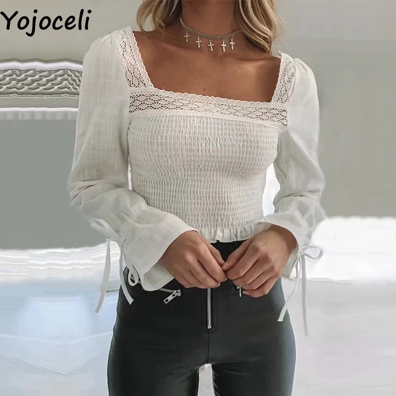 

Yojoceli Sexy white lace ruffle blouse women Autumn beach bow casual blouse female top 2019 Cool elegant daily cute short blusas
