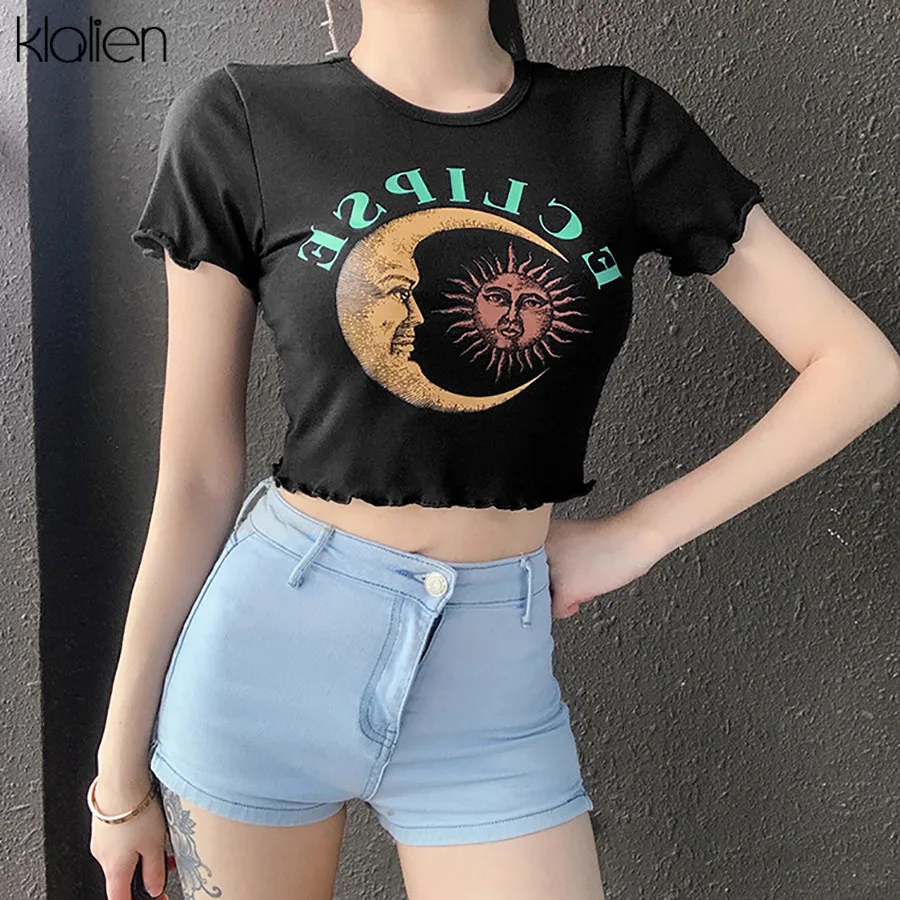 Женская хлопковая Футболка kalien черная Повседневная футболка с принтом в виде