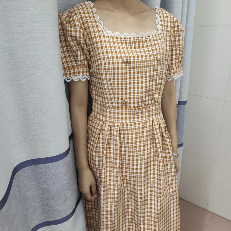 

MAGOGO Summer Sweet Plaid Long Dress Women Long Sleeve Fashion Grid Clothing New Dress Hot