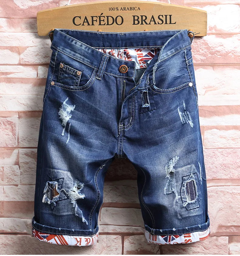 

High Quality Men Holes Denim Shorts Pants New Summer Men Blue Casual Shorts Jeans Men Straight Patch Short Jeans Size 36