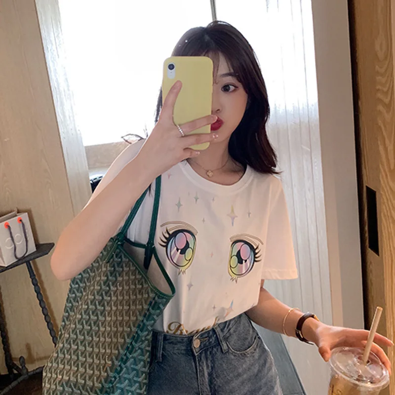 

In the summer of 2021 the new easing the European and American cotton high quality t-shirts printed shiny eyes letters