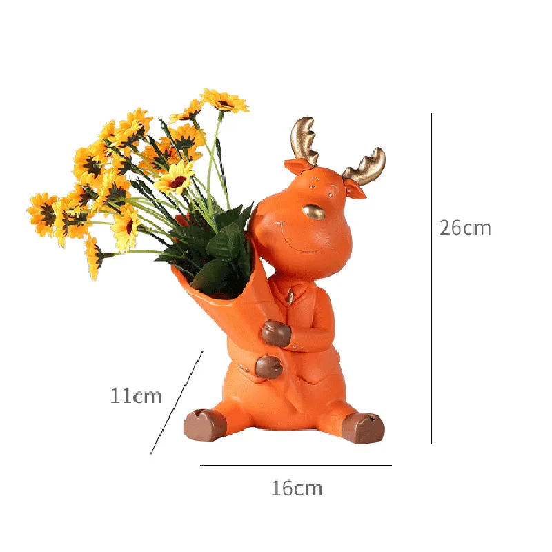 

Cute Cartoon Elk Plant Pots Decorative Vase with Artificial Flowers Flower Arrangement Resin Deer Vases Modern Home Decoration