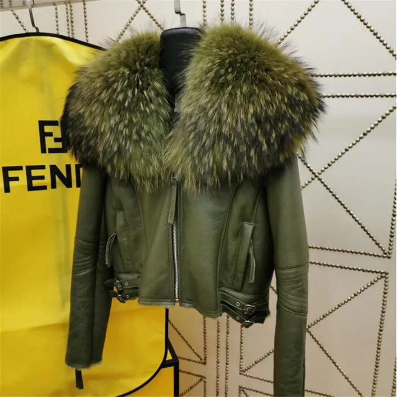 High Street Fashion Real Raccoon Fur Collar Genuine Sheepskin Leather Jacket Women Winter Coat enlarge