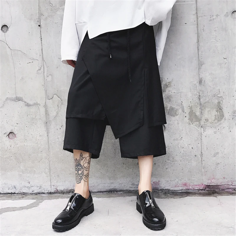 Мужские шорты-бермуды, свободные черные готические широкие брюки в стилеХарадзюку, модная уличная одежда, стиль самурая