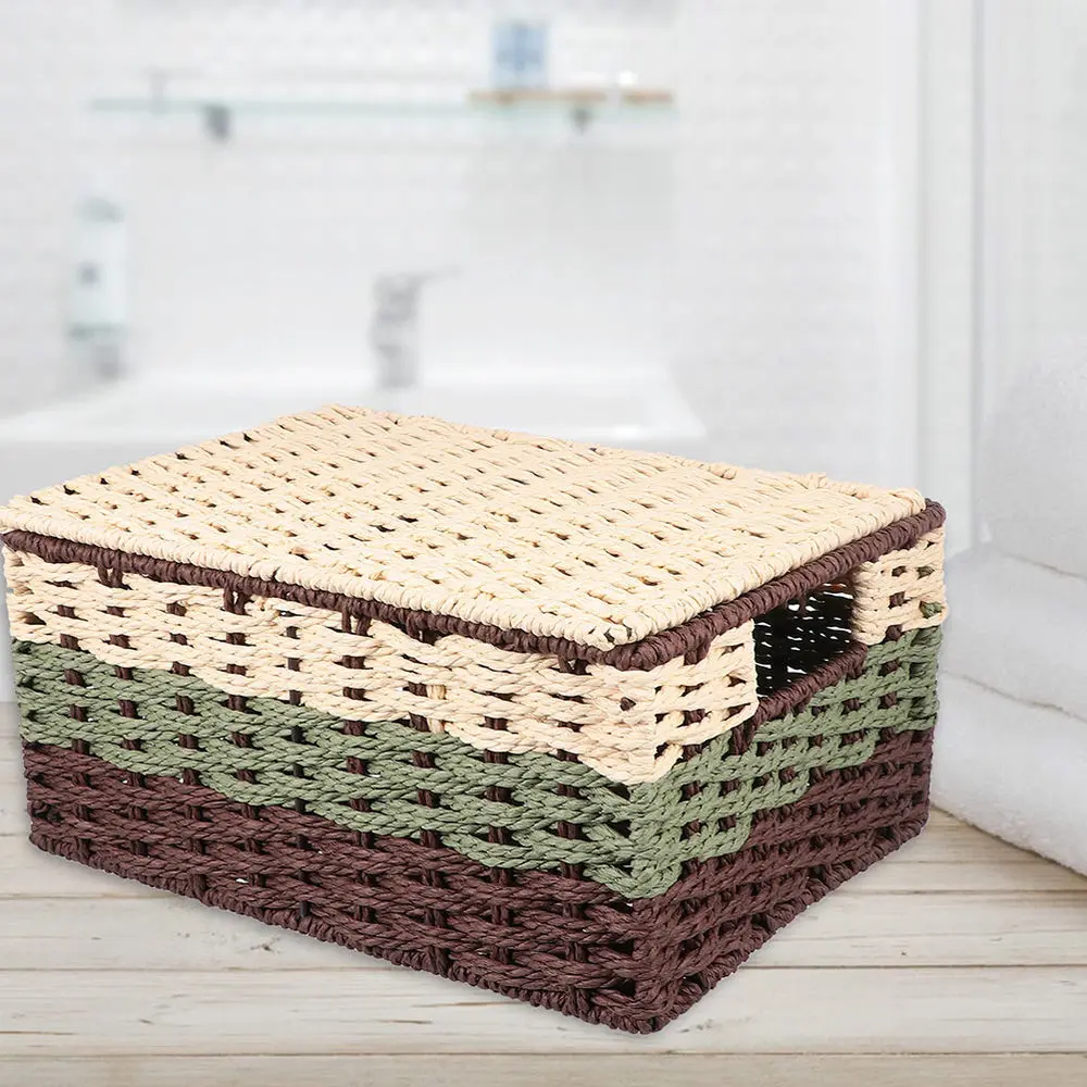

Creative Woven Storage Basket with Lid Snacks Sundries Storage Box Organizer