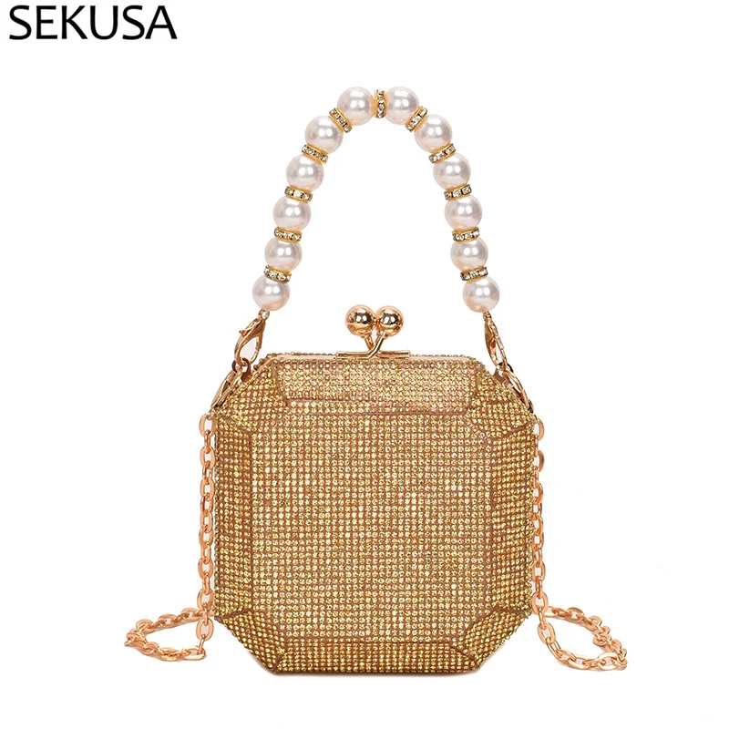 

Rhinestones Women Day Clutch Small Pearl Diamonds Evening Bags With Chain Shoulder Purse Bags