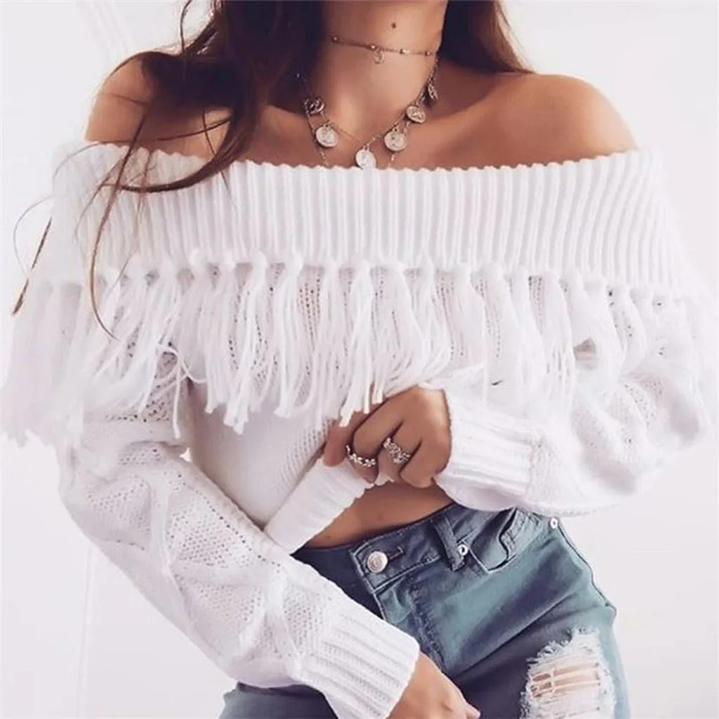 Women Sexy Solid Sweater Autumn Off Shoulder Slash neck Casual Tassel Pullover Long Sleeve Loose Sweaters Blouse Tops | Женская одежда